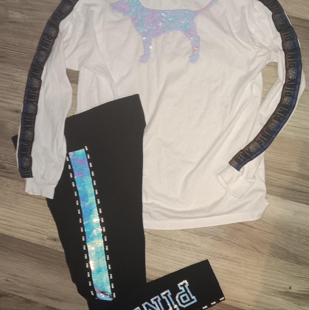 PINK Victoria’s Secret Flip Sequin/Bling M Yoga Leggings & Long Sleeve Bling Top